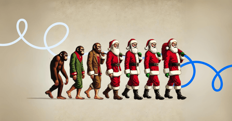 The march-of-progress evolution illustration, with the last figures in the line turning into Coca-Cola’s Santa Claus.