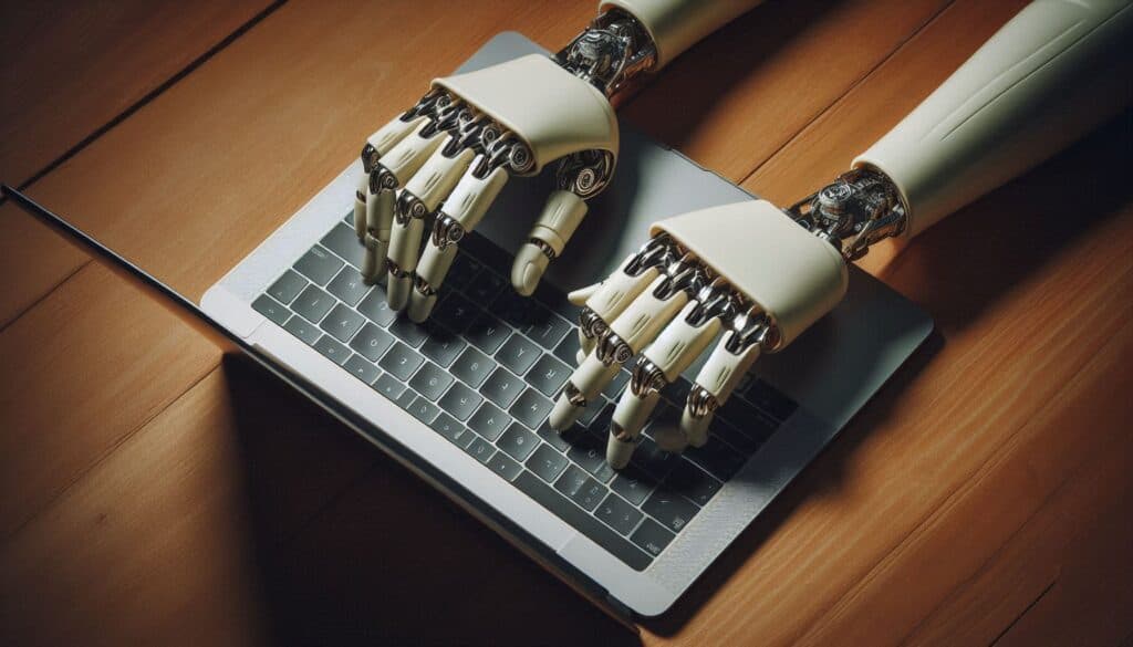 A pair of robotic hands typing on a laptop keyboard.