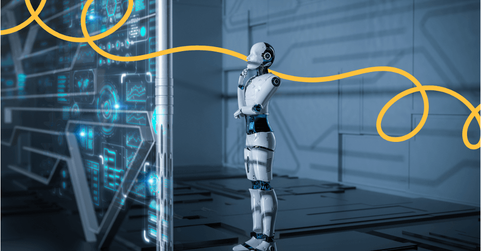 A humanoid robot standing alone in a blue-lit control room.