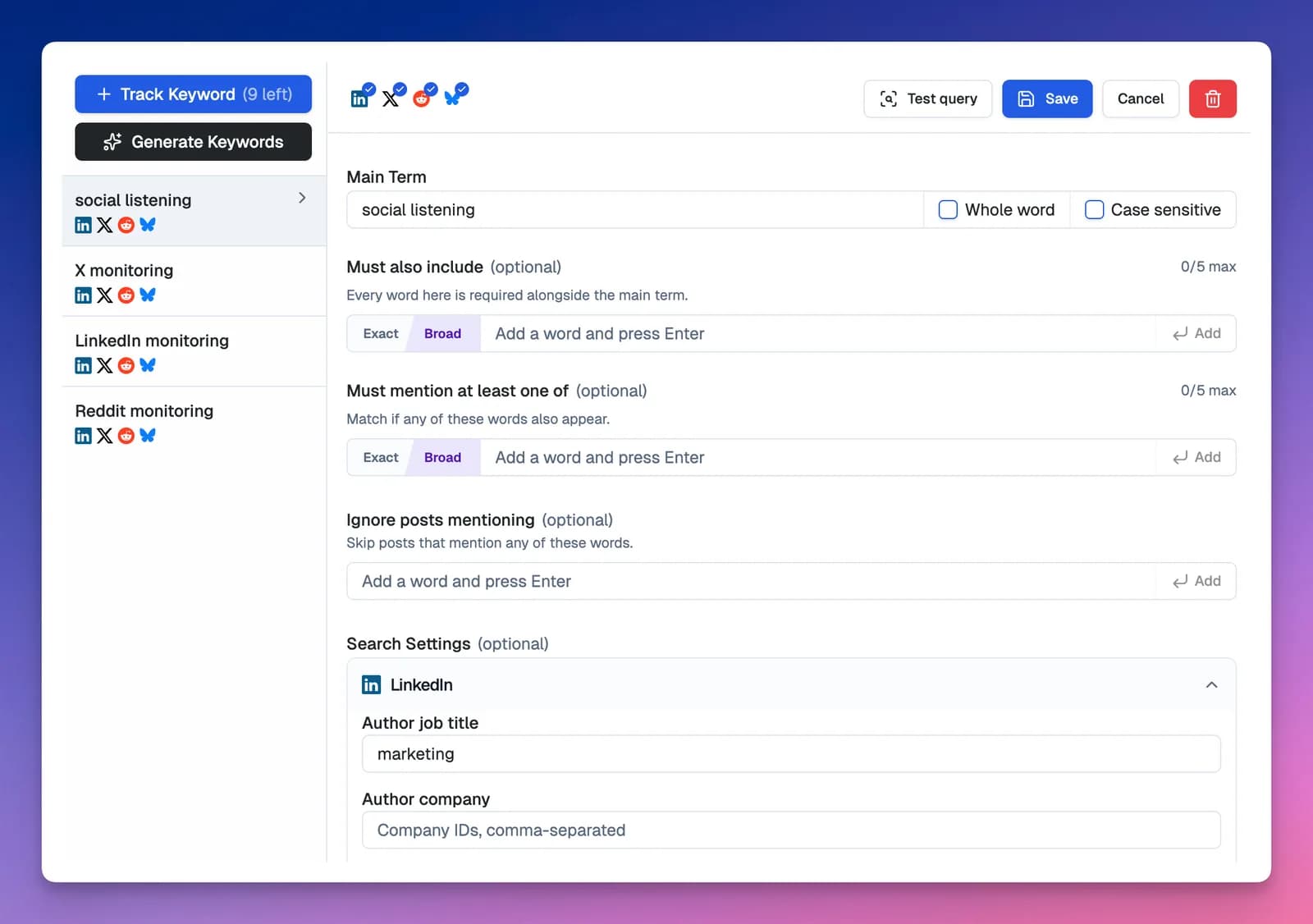 SnitchFeed Boolean query builder with include and exclude terms and LinkedIn author filters