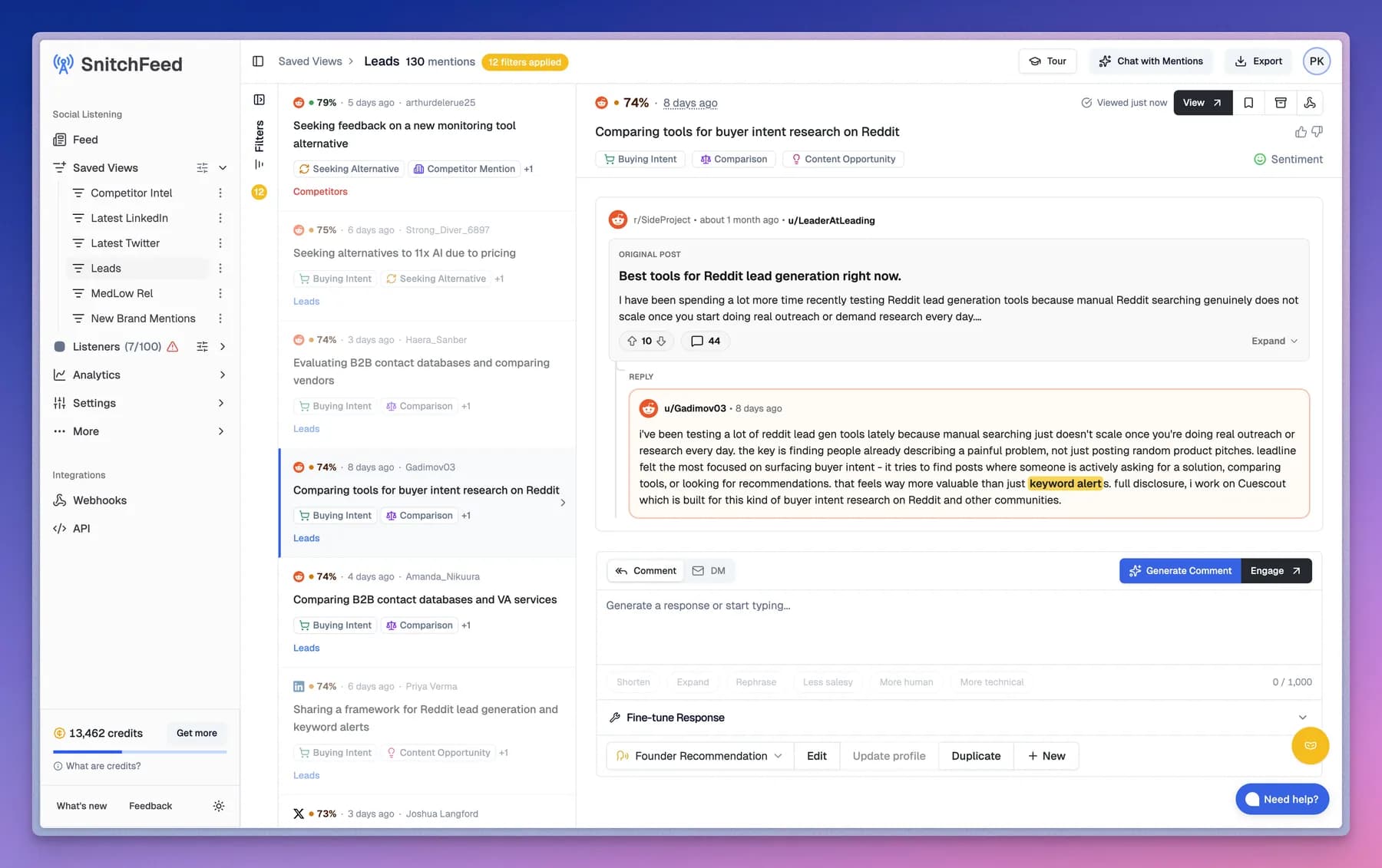 SnitchFeed feed with Reddit and LinkedIn mentions ranked by fit score and tagged by intent