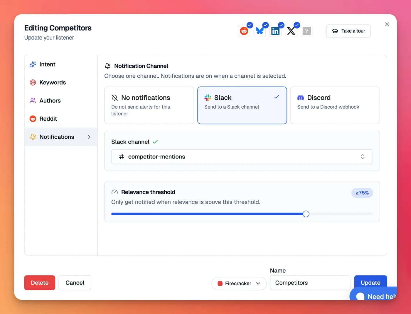 SnitchFeed notification settings sending Slack alerts above a 75 percent fit score