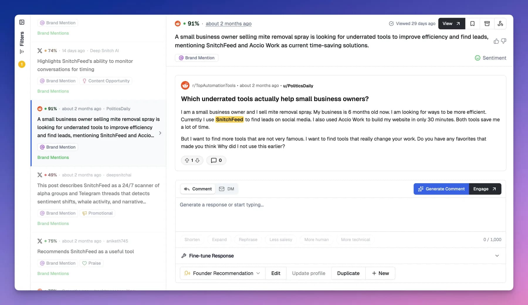SnitchFeed mention panel showing the original Reddit post, an AI summary and a reply composer