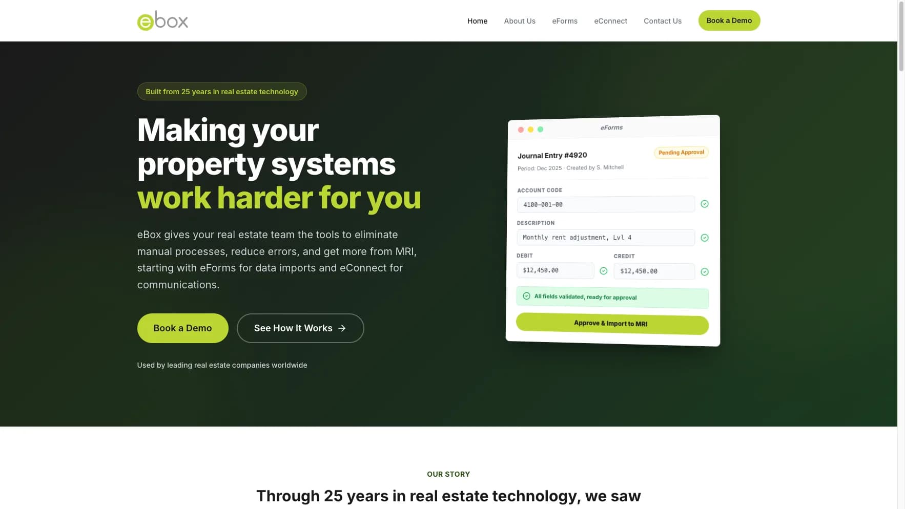 eBox homepage showing the main product message and demo call to action