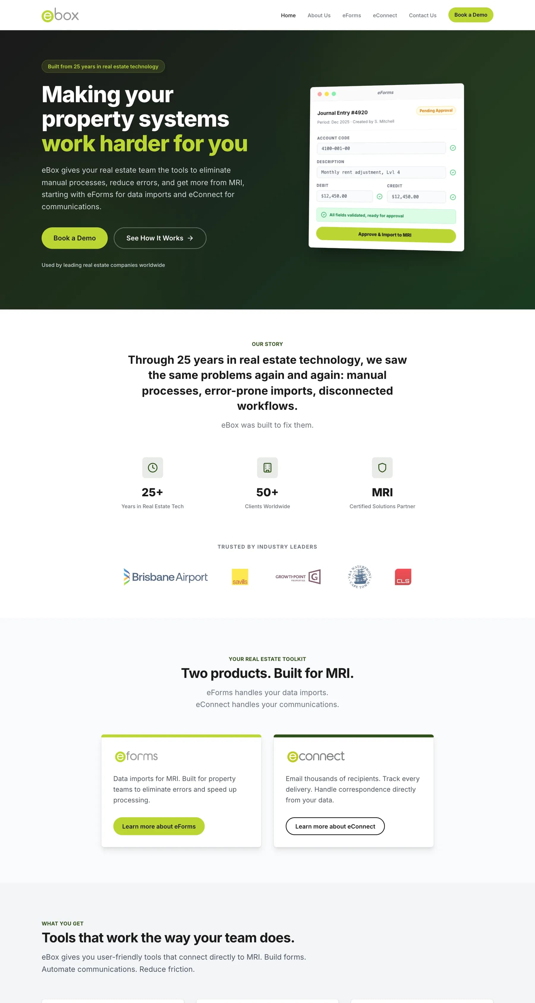 eBox homepage with the headline Making your property systems work harder for you