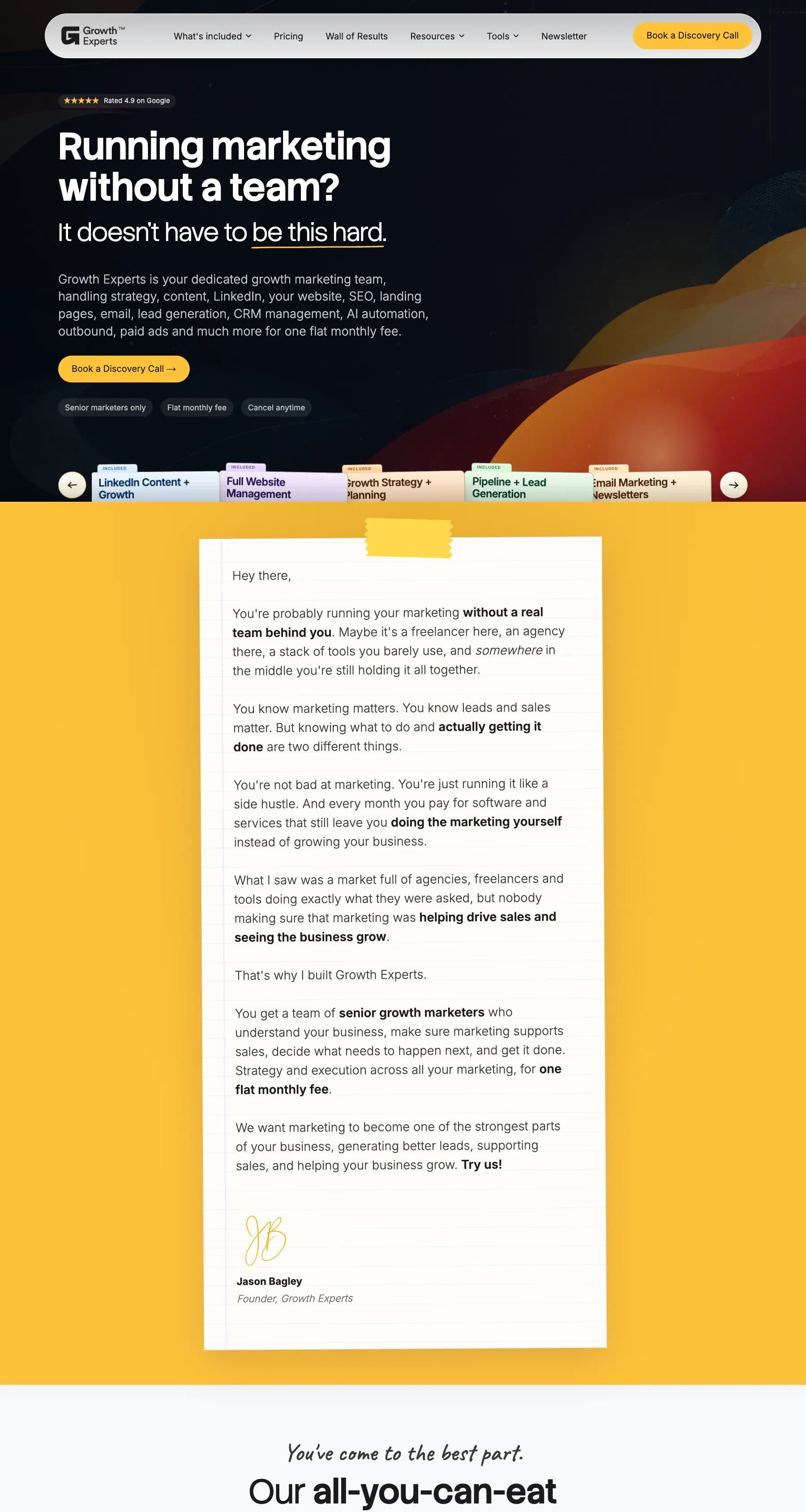 Growth Experts homepage with the headline Running marketing without a team?