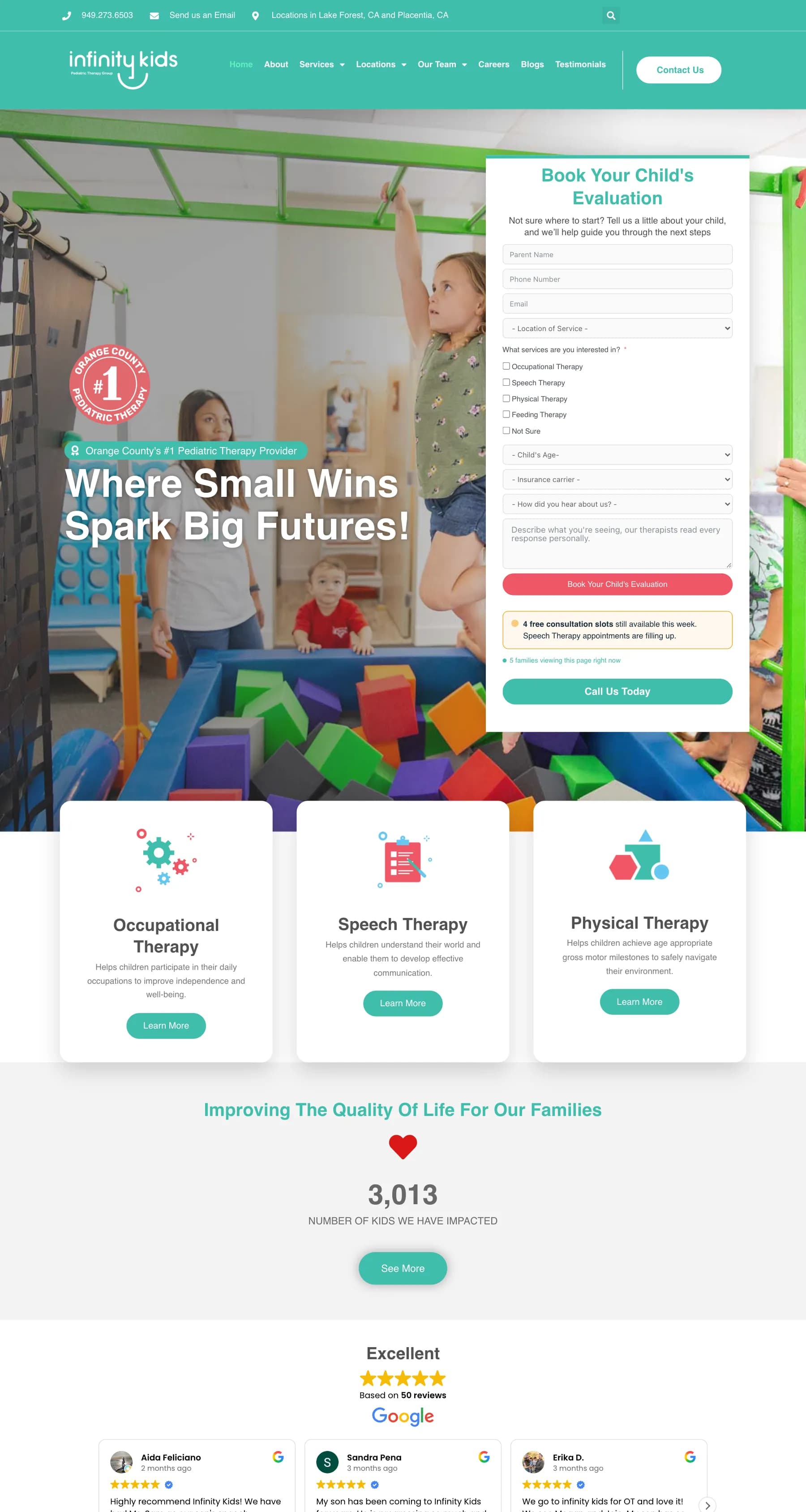 Infinity Kids homepage with the headline Where small wins spark big futures!