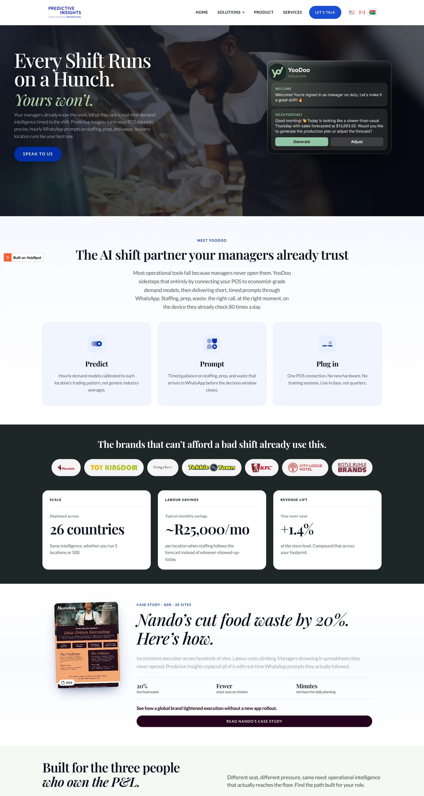 Predictive Insights homepage with the headline Every shift runs on a hunch. Yours won't.