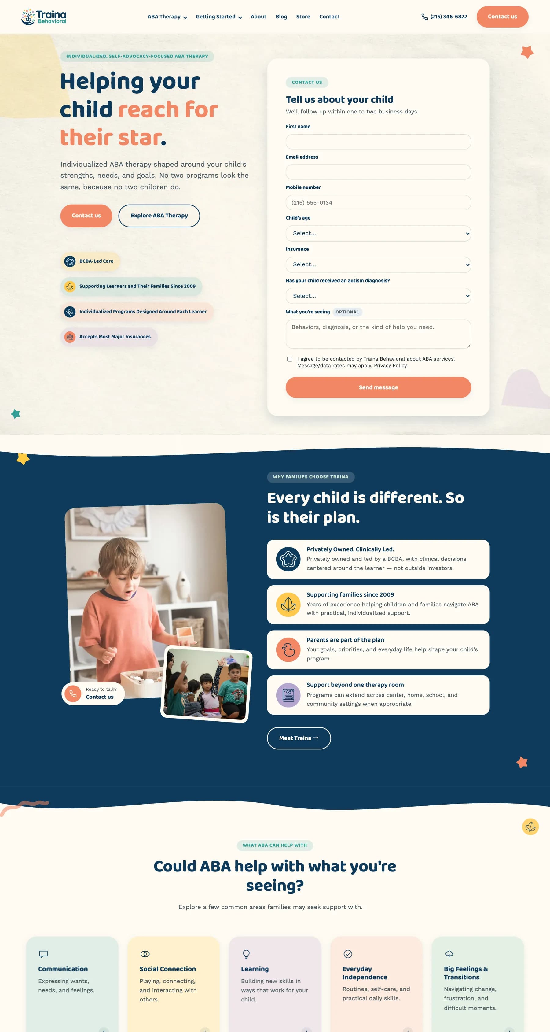 Traina Behavioral Consulting homepage with the headline Helping your child reach for their star and an enquiry form