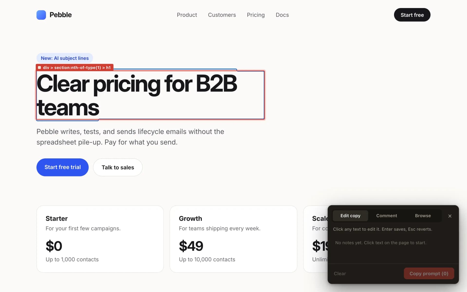 Handoff editing a pricing page headline inline, with the Handoff panel open in the corner.