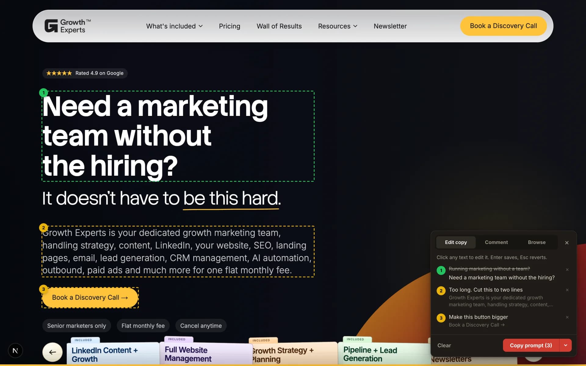 The Growth Experts homepage with a rewritten headline and two notes outlined, and the Handoff panel listing all three changes.