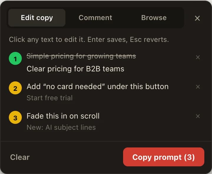 The Handoff panel with one edit and two notes.