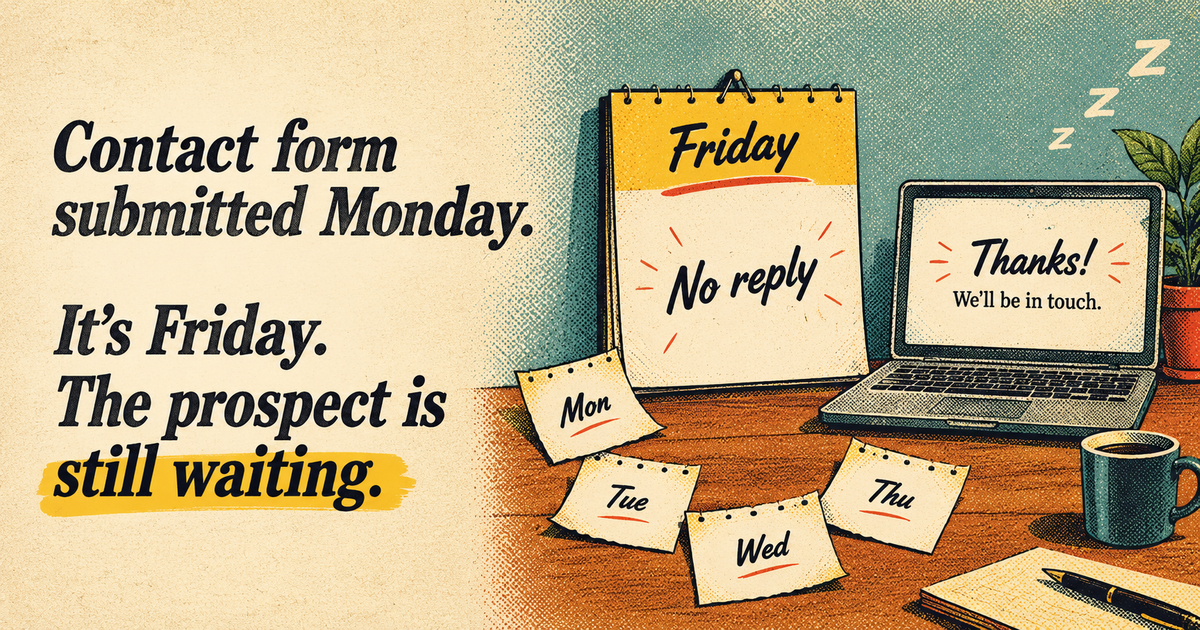 Desk calendar showing Friday with 'No reply', sticky notes for Monday to Thursday, and a laptop saying 'Thanks! We'll be in touch', next to the text: Contact form submitted Monday. It's Friday. The prospect is still waiting.