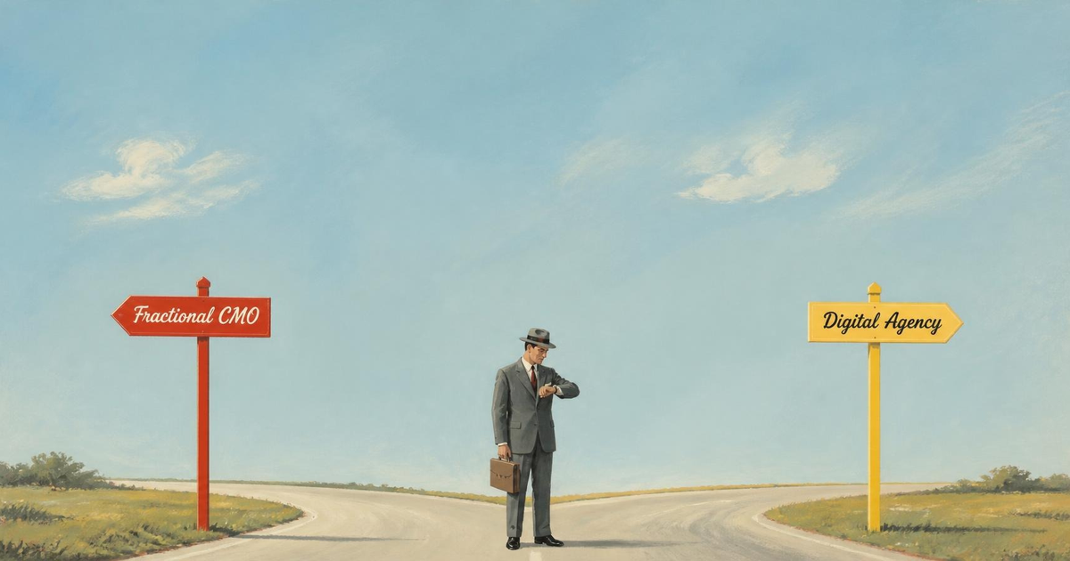 Retro illustration of a businessman at a fork in the road, checking his watch between signs for Fractional CMO and Digital Agency