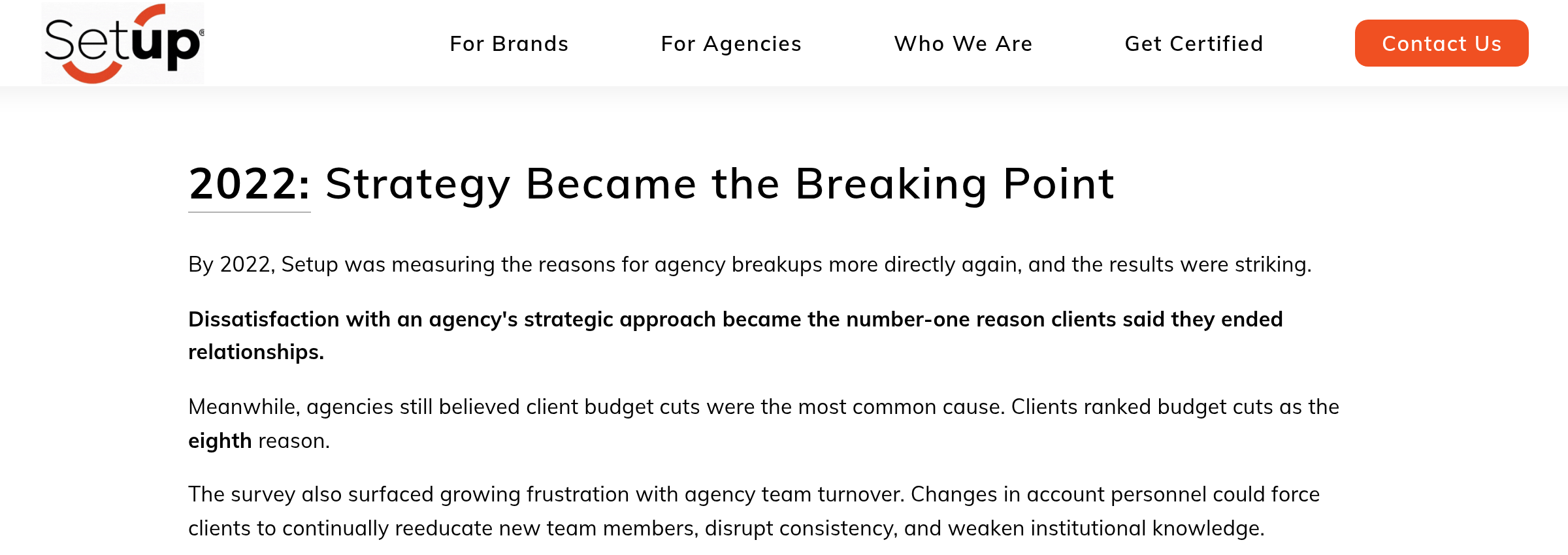 Section of Setup's article headed 2022, Strategy Became the Breaking Point, saying strategic approach was the top reason clients ended agency relationships and that clients ranked budget cuts eighth