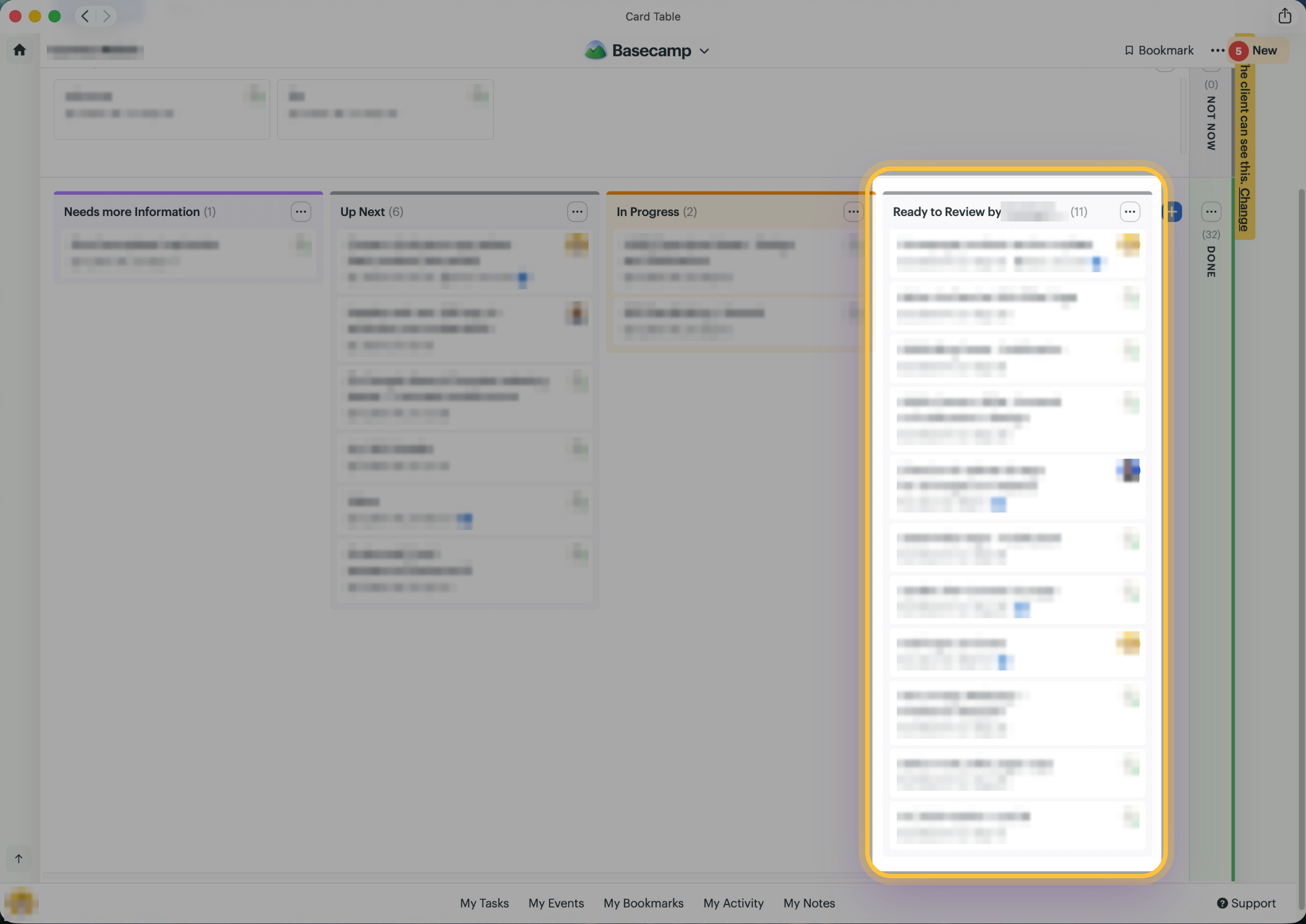 A client's Basecamp marketing board with the Ready to review column highlighted.