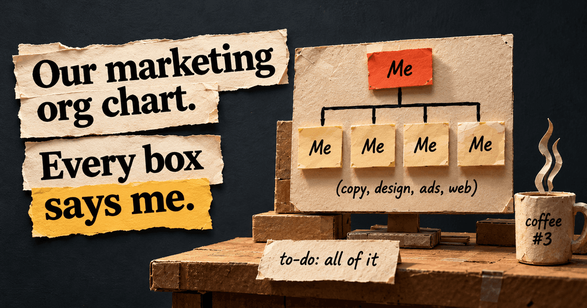 Paper cutout org chart with 'Me' in the top box and 'Me' in all four boxes below for copy, design, ads and web, next to the text: Our marketing org chart. Every box says me.