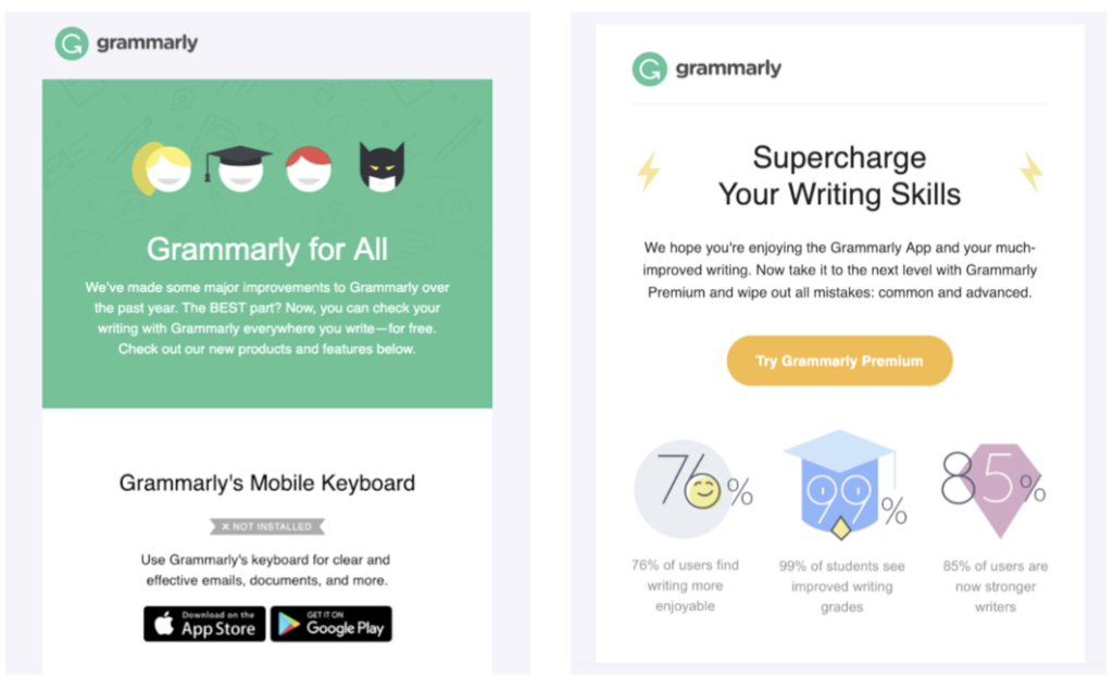 Two Grammarly marketing emails side by side, showing their consistent branding and layout.