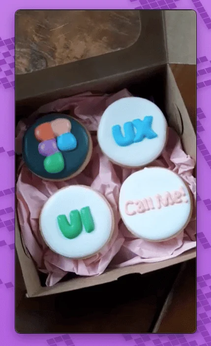 A box of iced biscuits decorated with design-tool logos and the words “UX”, “UI” and “Call Me!”.
