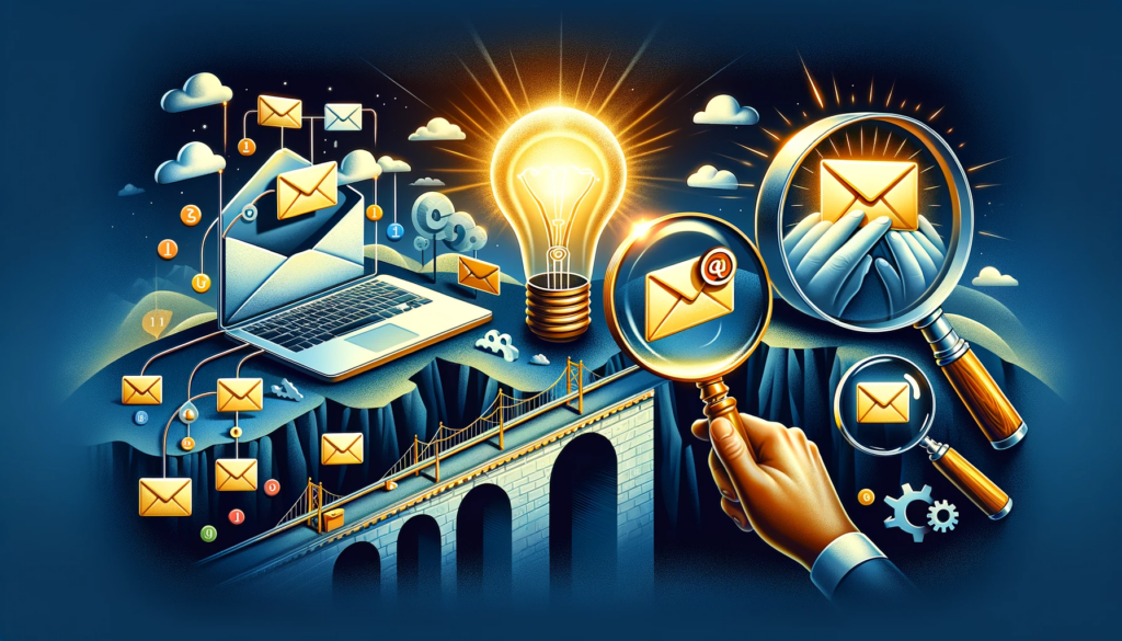 Digital artwork in 16x9 format depicting four sections representing cold email strategies. The first section shows an open laptop with a glowing email, symbolizing innovative ideas. The second features a hand holding a golden key unlocking an inbox door, representing successful engagement. The third section depicts a bridge connecting cliffs, illustrating connections made by cold emails. The fourth shows a magnifying glass focusing on a specific email, symbolizing targeted outreach. Each section is distinct, yet harmoniously integrated with a professional color palette.