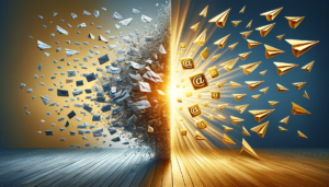 A digital image divided in the middle, depicting two contrasting marketing strategies. On the left, a clutter of emails burst into paper airplanes flying haphazardly against a backdrop of disorder, representing ineffective newsletter outreach. On the right, a few emails are transformed into radiant gold, spotlighted by beams of light in an orderly and calm setting, symbolizing the impact of a targeted, engaged newsletter audience. The image illustrates the concept of quality over quantity in audience building, with a professional and creative visual style.